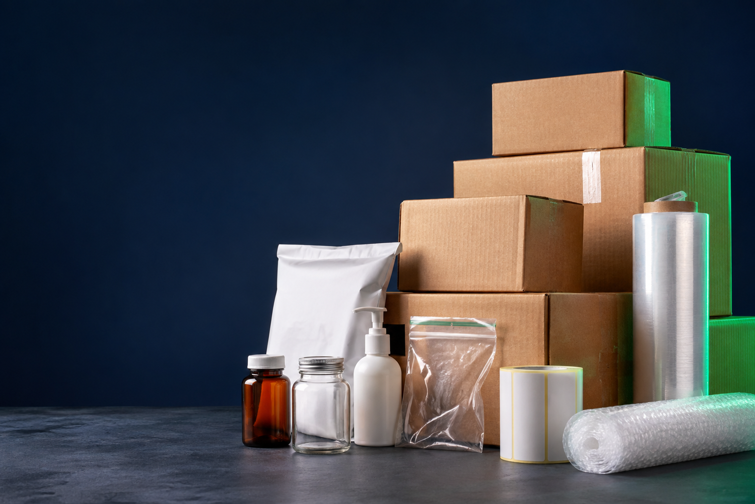 Boxes, bottles, bags, stretch wrap, labels and protective packaging